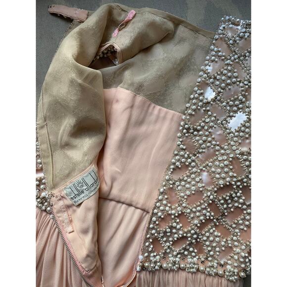 Vintage 60s Pink Silk Chiffon Maxi Dress Beaded Bodice Estelle Allardale | S/M - Picture 9 of 10